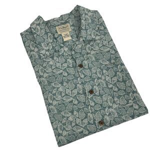 LL Bean Mens Green White Seashells Button Up Short Sleeve-M